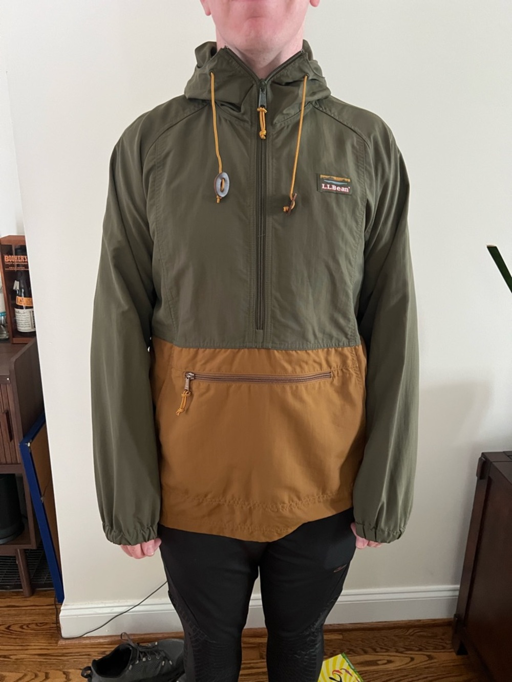 L.L. Bean Olive and Mustard Hooded Pullover Windbreaker